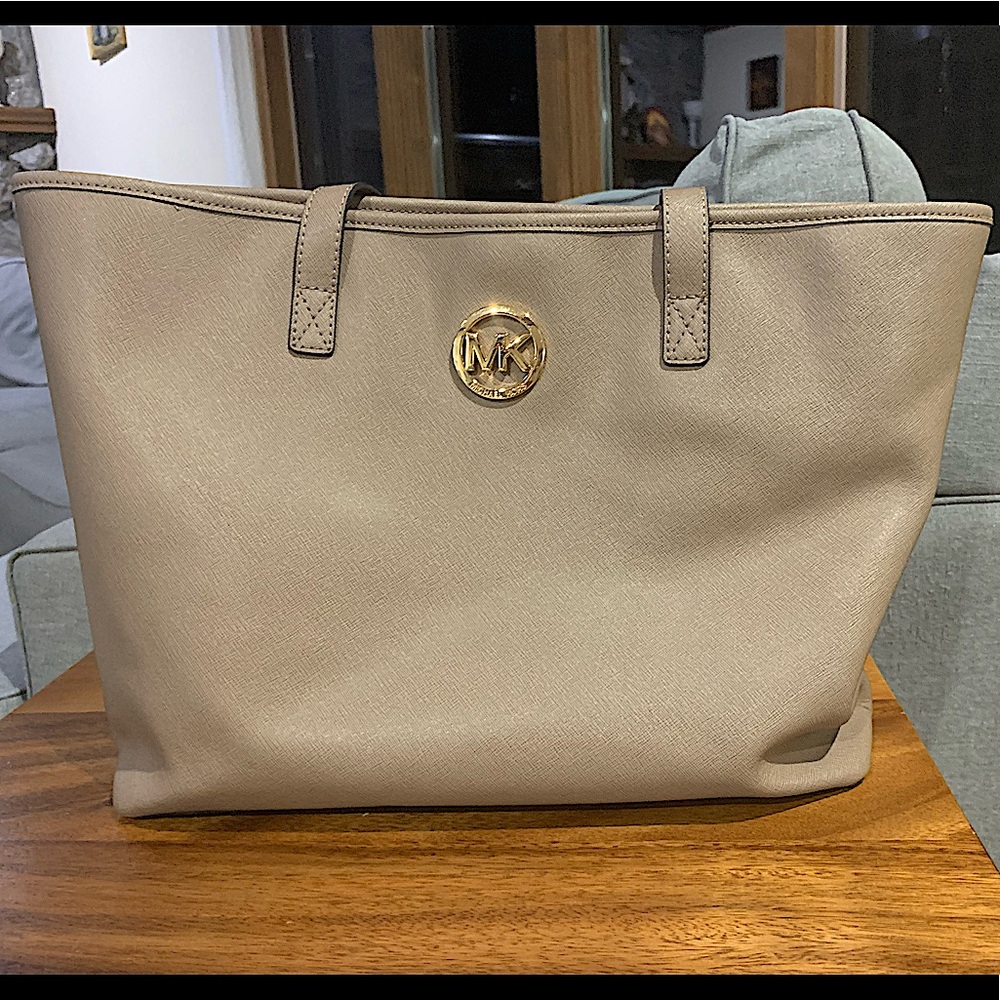 SOLD—Michael Kors saffiano leather tote taupe